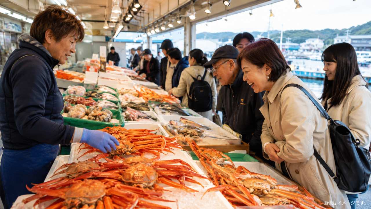 境港の直売市場をイメージした写真風画像。紅ズワイガニや鮮魚が並ぶ売り場