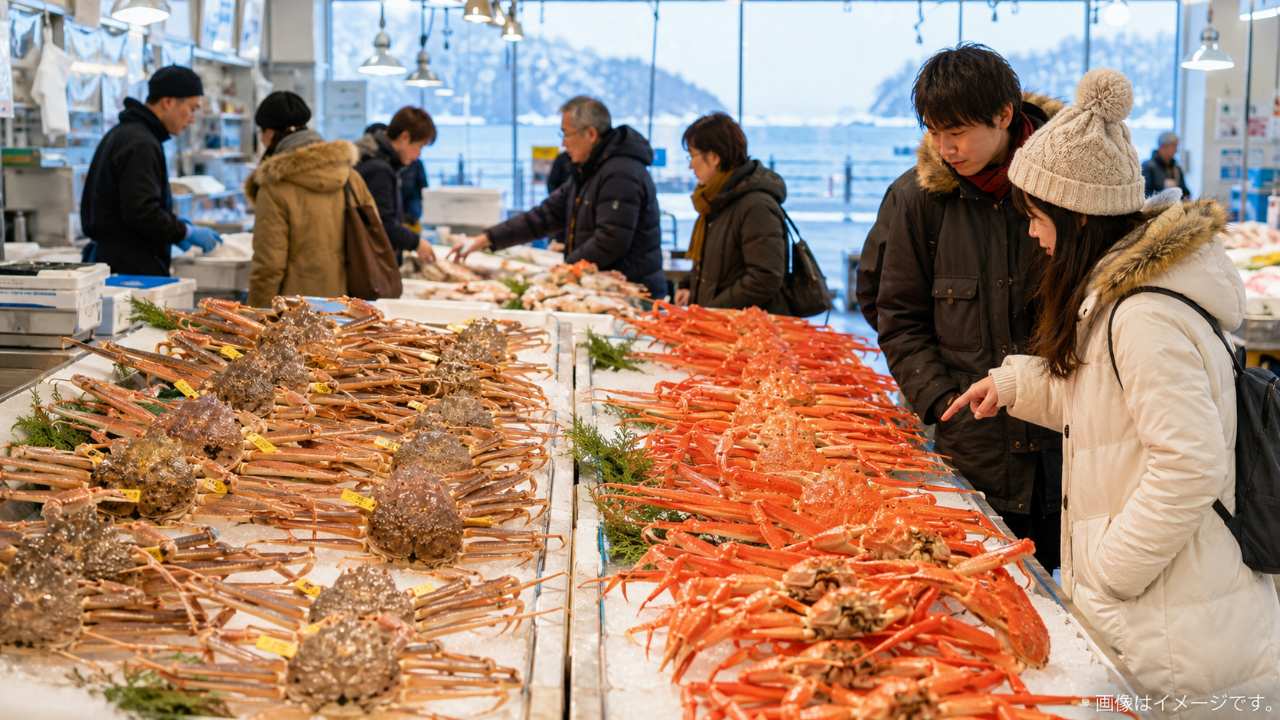 鳥取の海鮮市場に新鮮な松葉ガニと紅ズワイガニが並び、旅行者が価格を見比べながら選んでいる実写風のブログ用アイキャッチ画像