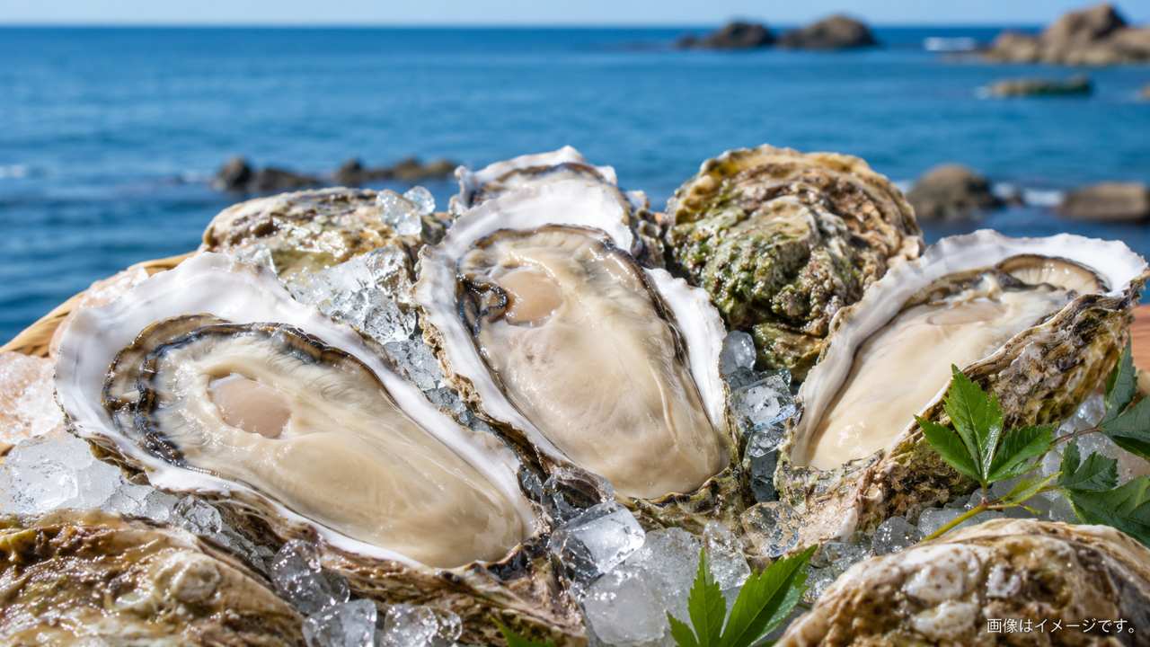鳥取の青い日本海を背景に、氷の上に大ぶりな天然岩ガキ「夏輝」が美しく並ぶ写真風の構図