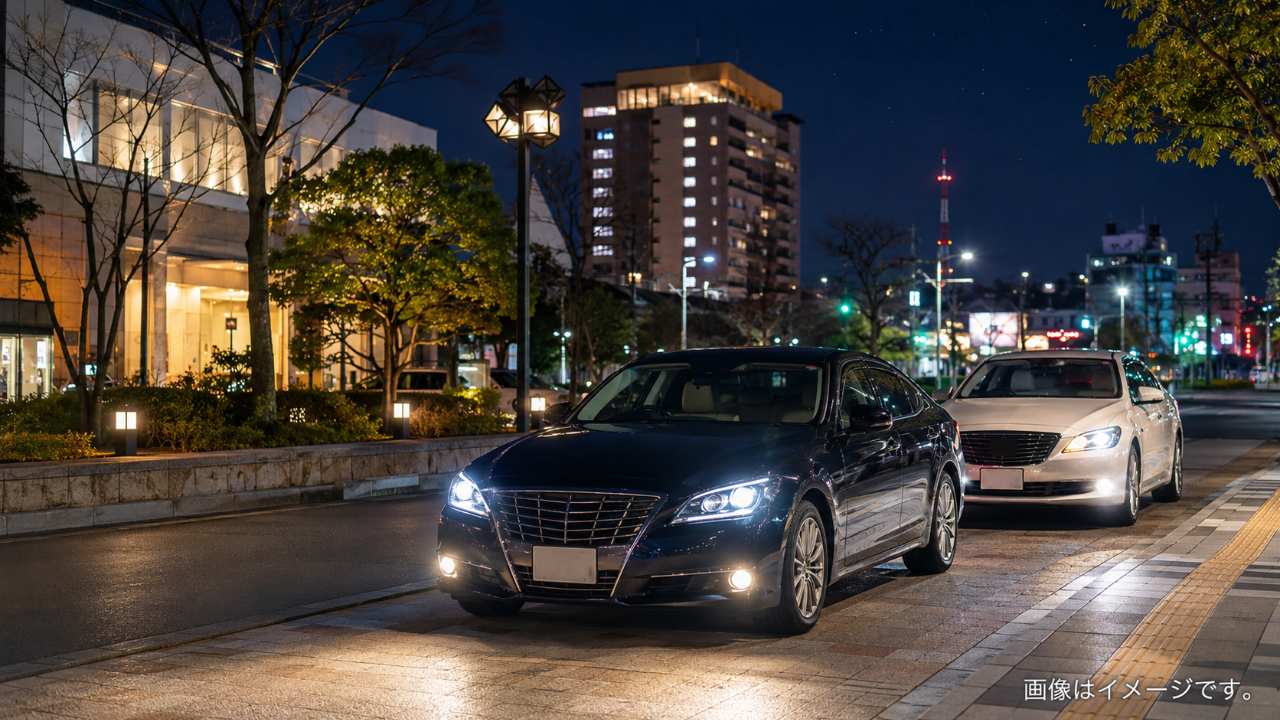 鳥取県の夜の街並みを背景に、安心感のある代行車と随伴車が落ち着いた雰囲気で並ぶ