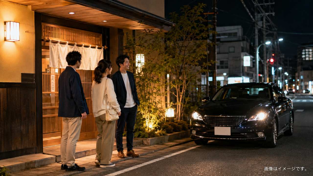 夜の飲食店前で、利用者が安全に代行車を待っている落ち着いた実写風写真
