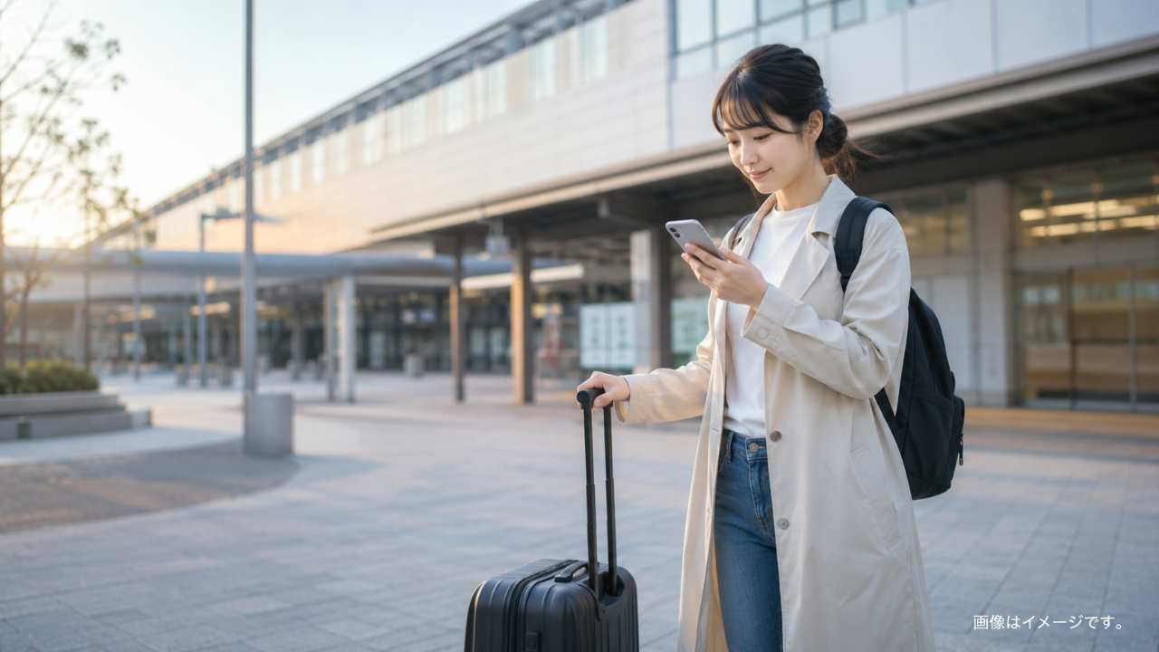 鳥取駅前でスーツケースを持つ旅行者がスマホでルートを確認している実写風写真