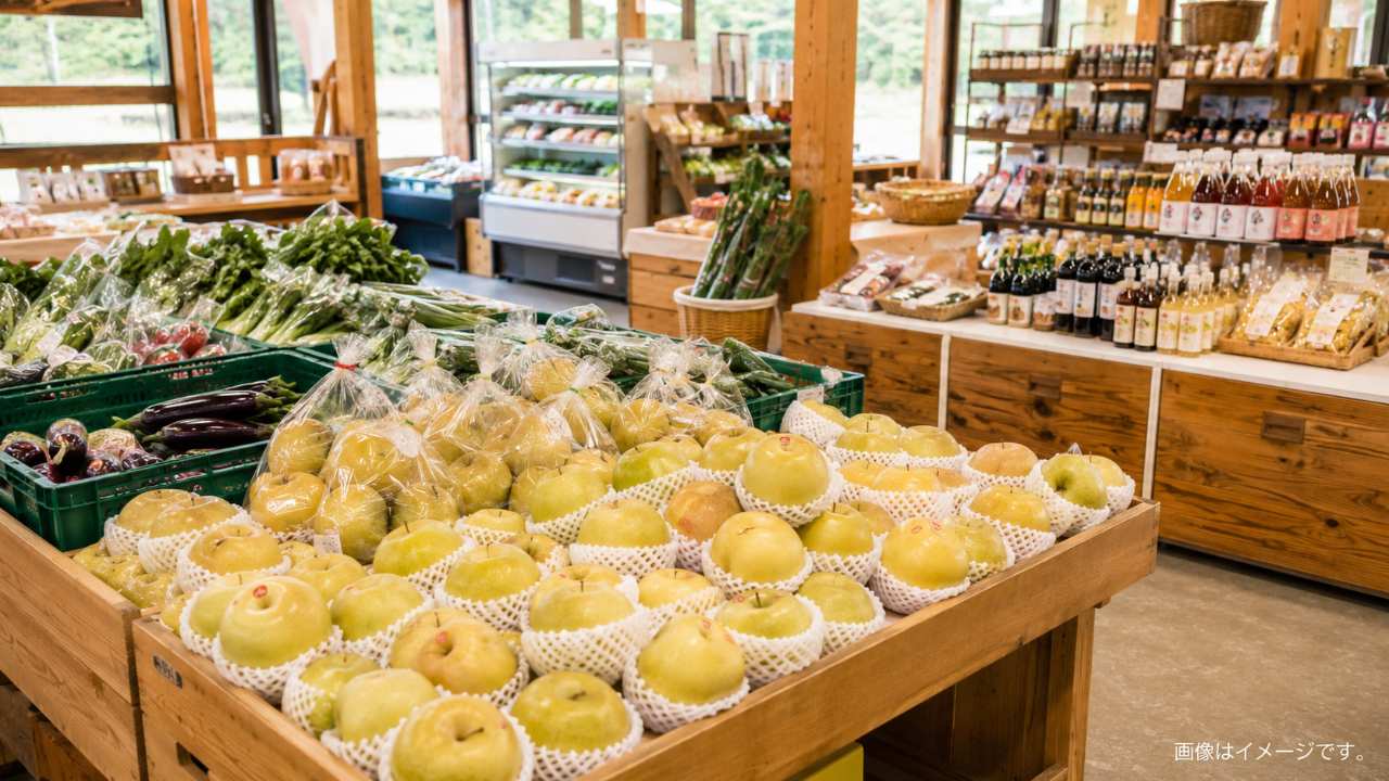 鳥取の道の駅の直売所で梨や野菜や地元特産品が並ぶ様子