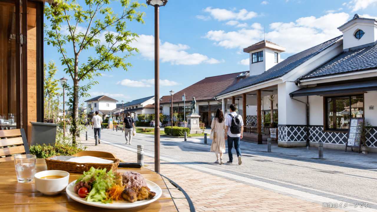 鳥取県北栄町のランチ観光をテーマに、コナン通り風の町並み、道の駅、カフェランチ、青空、旅行者が散策