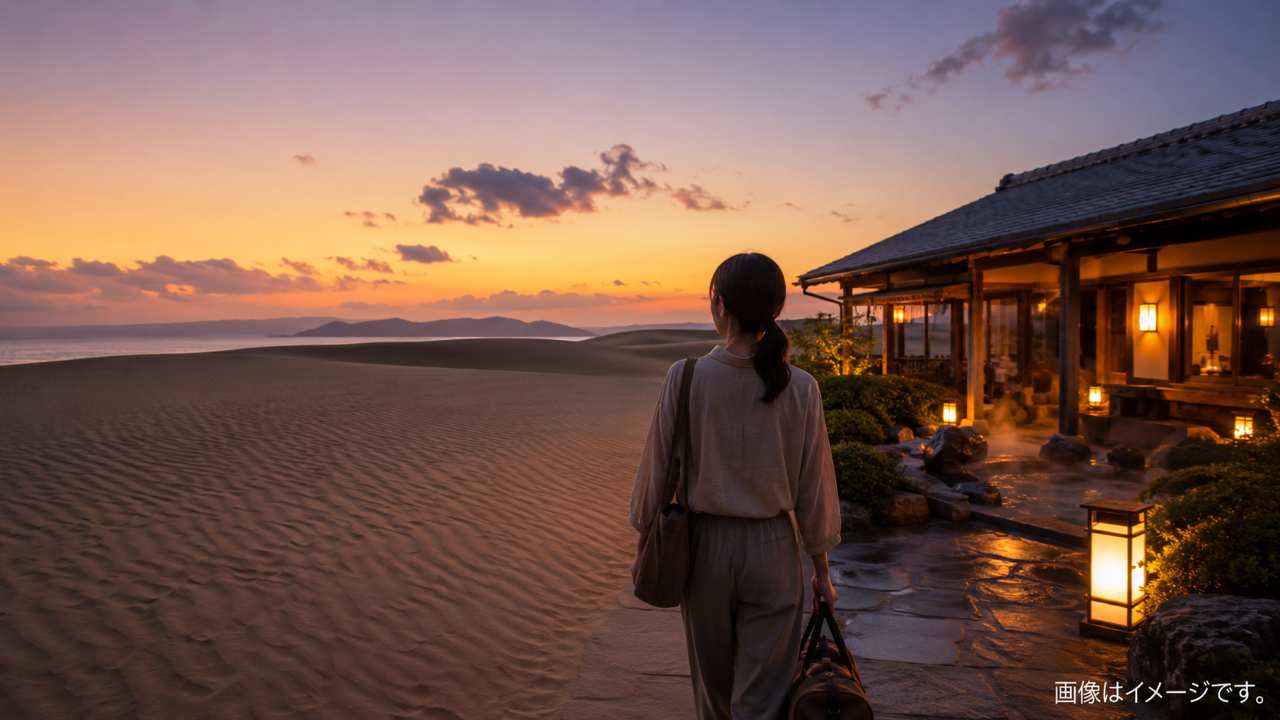 鳥取砂丘を歩いた旅行者が夕方に温泉へ向かうイメージ