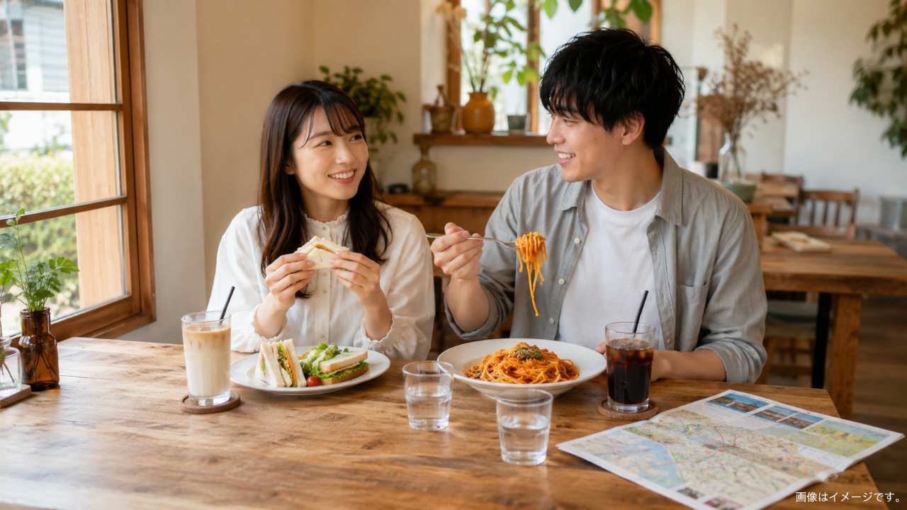 コナン通り周辺を散策した後にカフェでランチを楽しむ旅行者のイメージ