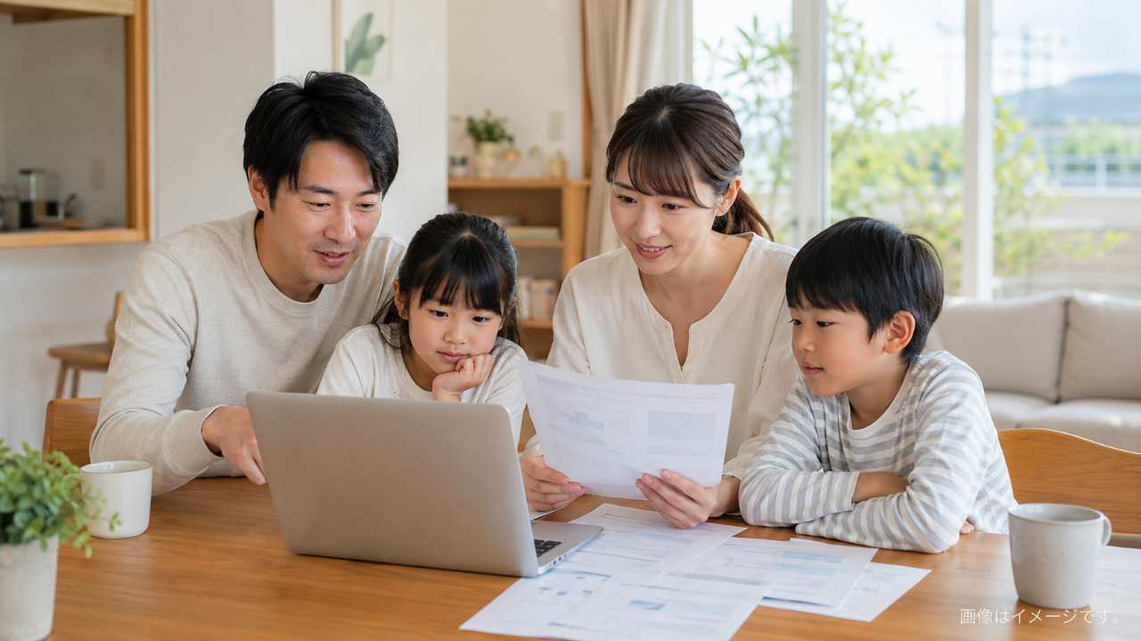鳥取県の暮らしをイメージした明るい室内で、家族がノートパソコンを見ながら給付金や支援制度の書類を確認している写真風の自然な構図