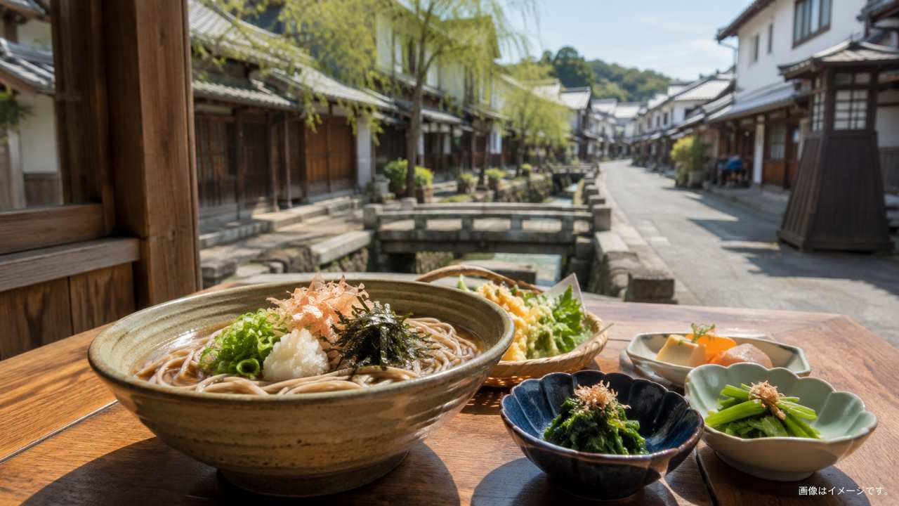 鳥取県鹿野町の落ち着いた城下町の通りを背景に、木のテーブルにそばと地元野菜の小鉢ランチが並ぶ