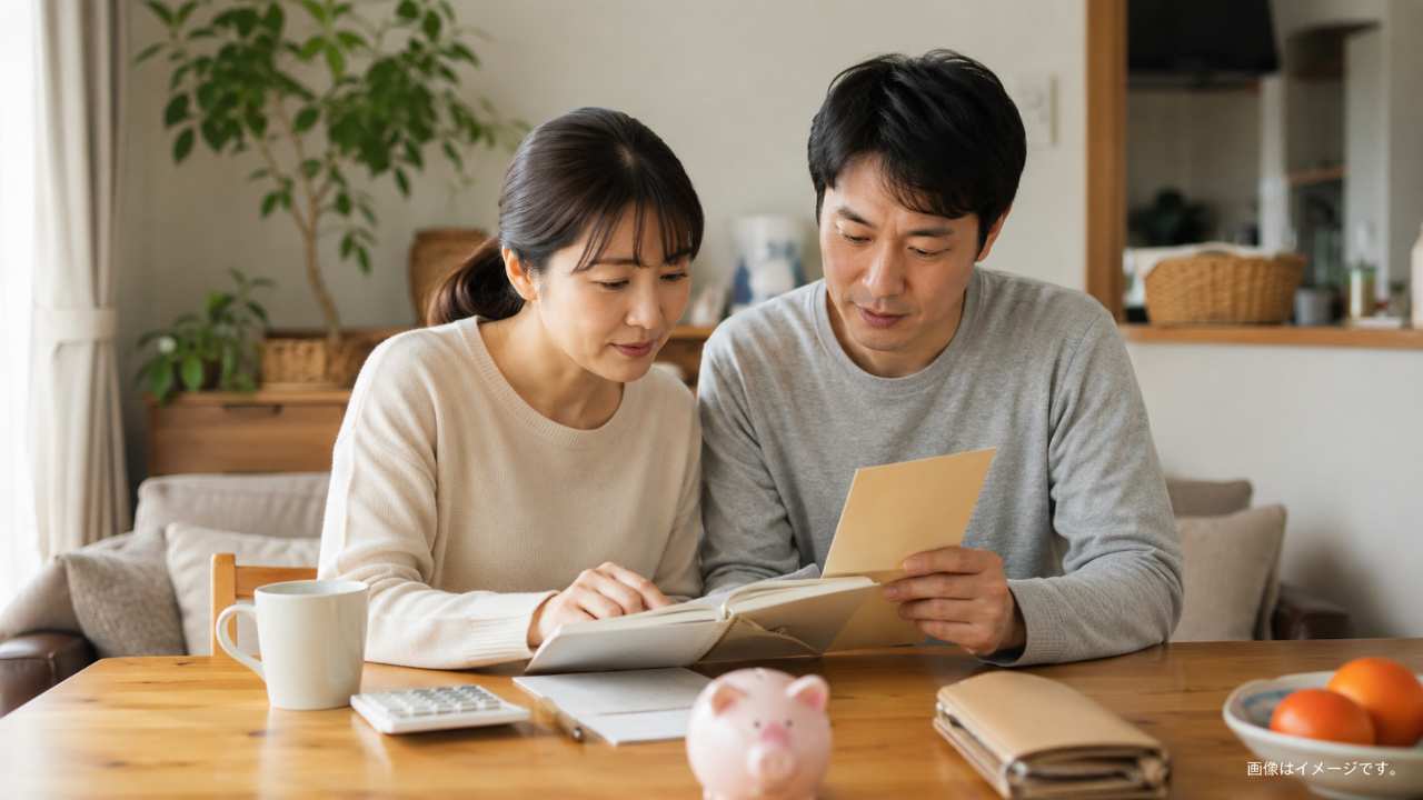 鳥取市の物価高騰支援をイメージし、家庭の食卓で家計簿と自治体から届いた封筒を確認する夫婦の写真風シーン
