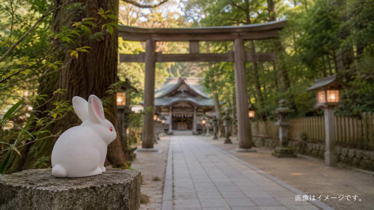 鳥取の自然を背景にした神社参道と白いうさぎの小さな置物、縁結びを連想させるやさしい雰囲気