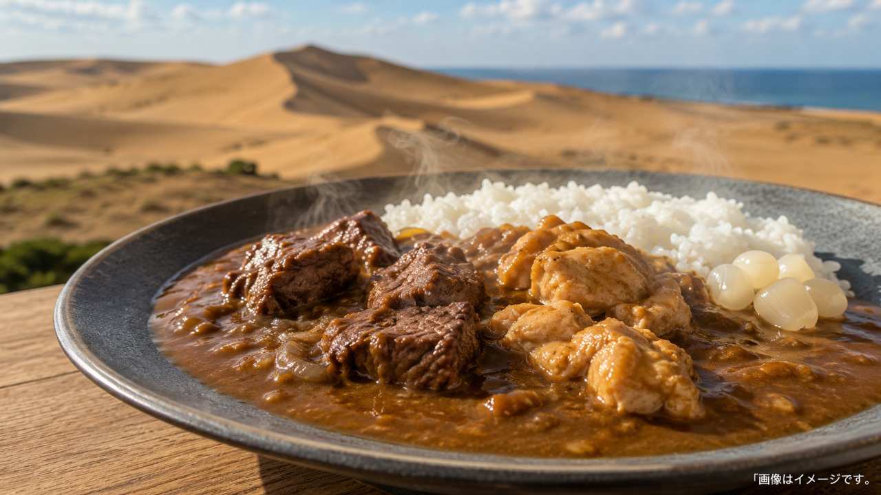 鳥取砂丘を背景に、湯気の立つおいしそうなご当地カレーを手前に配置
