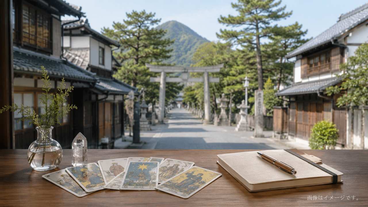 鳥取の穏やかな街並みと神社の参道、机の上にタロットカードと小さなノートが置かれたブログ用アイキャッチ
