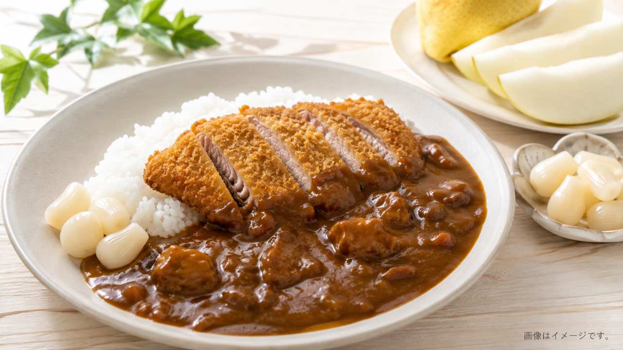 らっきょうと梨を添えた鳥取らしいご当地カレーのイメージ画像
