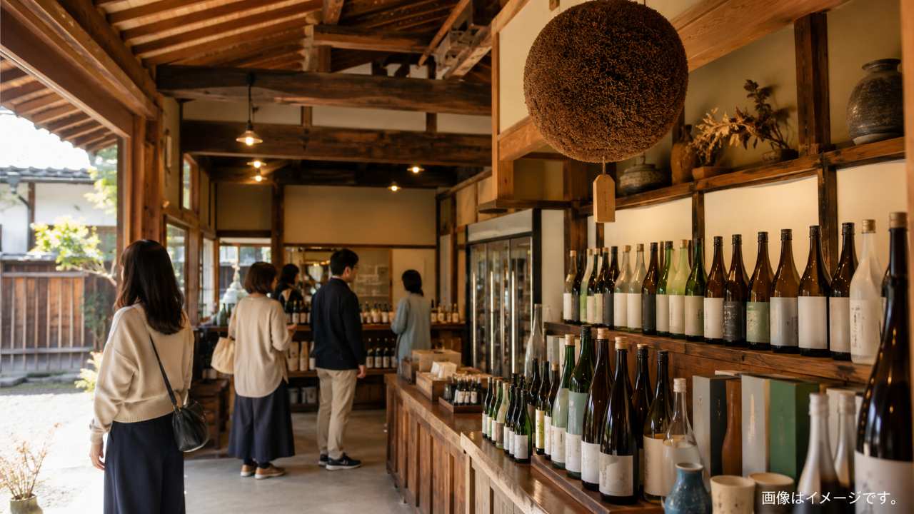 鳥取県の酒蔵見学をイメージしたブログ用写真。木造の酒蔵、杉玉、酒瓶が並ぶ直売コーナー