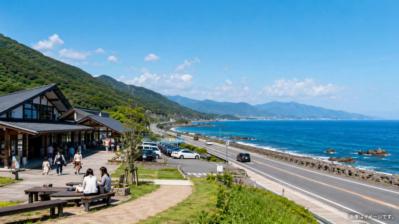 鳥取県の海沿いを走るドライブ風景と、清潔感のある道の駅、青い日本海、遠くに山並み、旅行者が休憩している様子