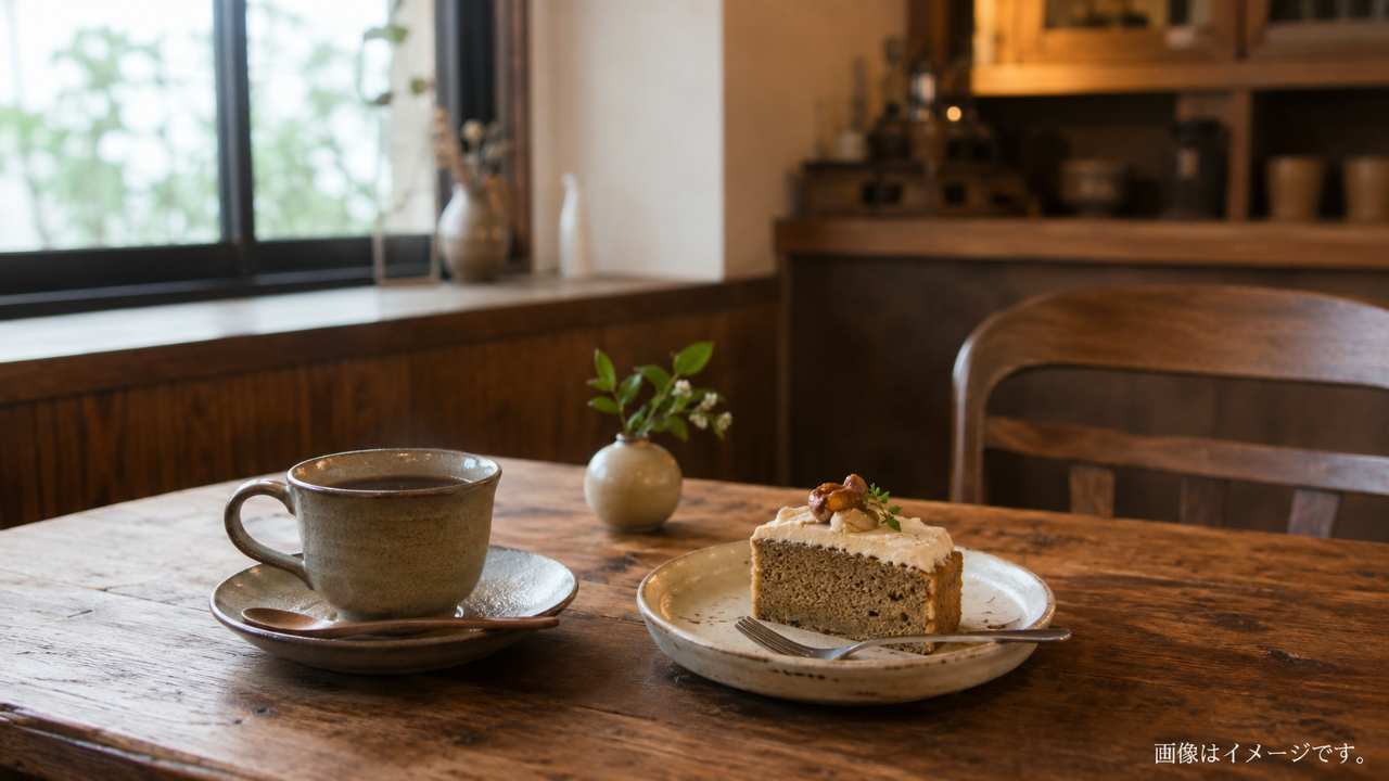 木のテーブルにコーヒーと手作りケーキが置かれた鳥取市の隠れ家カフェ風シーン