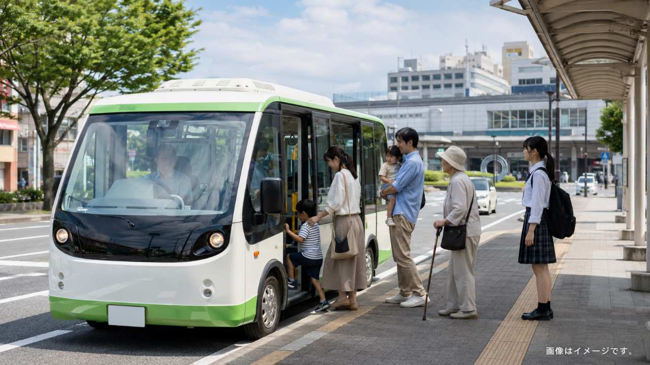鳥取市のまちなかと鳥取駅南エリアをイメージした道路を背景に、白とグリーン系の小型乗合車が走っているブログ用アイキャッチ画像