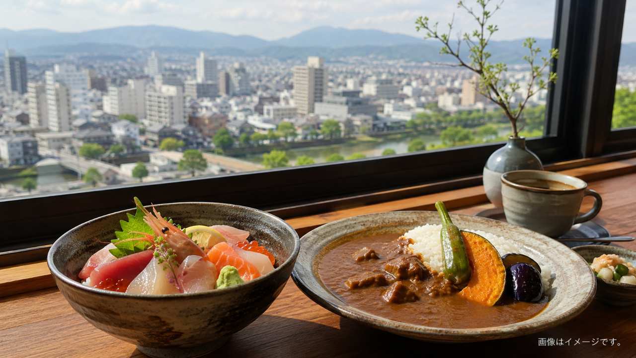 鳥取市の落ち着いた隠れ家ランチをテーマに、木のテーブルに海鮮丼、カレー、コーヒーが自然に並び、窓の外に鳥取の街並み