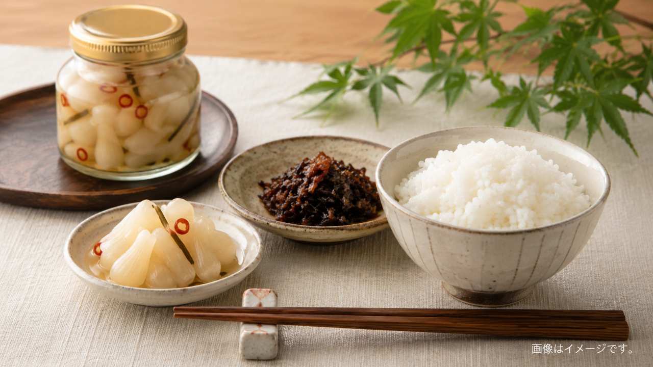 砂丘らっきょうの瓶詰め、佃煮、ご飯、お箸を並べた和食系のお土産イメージ