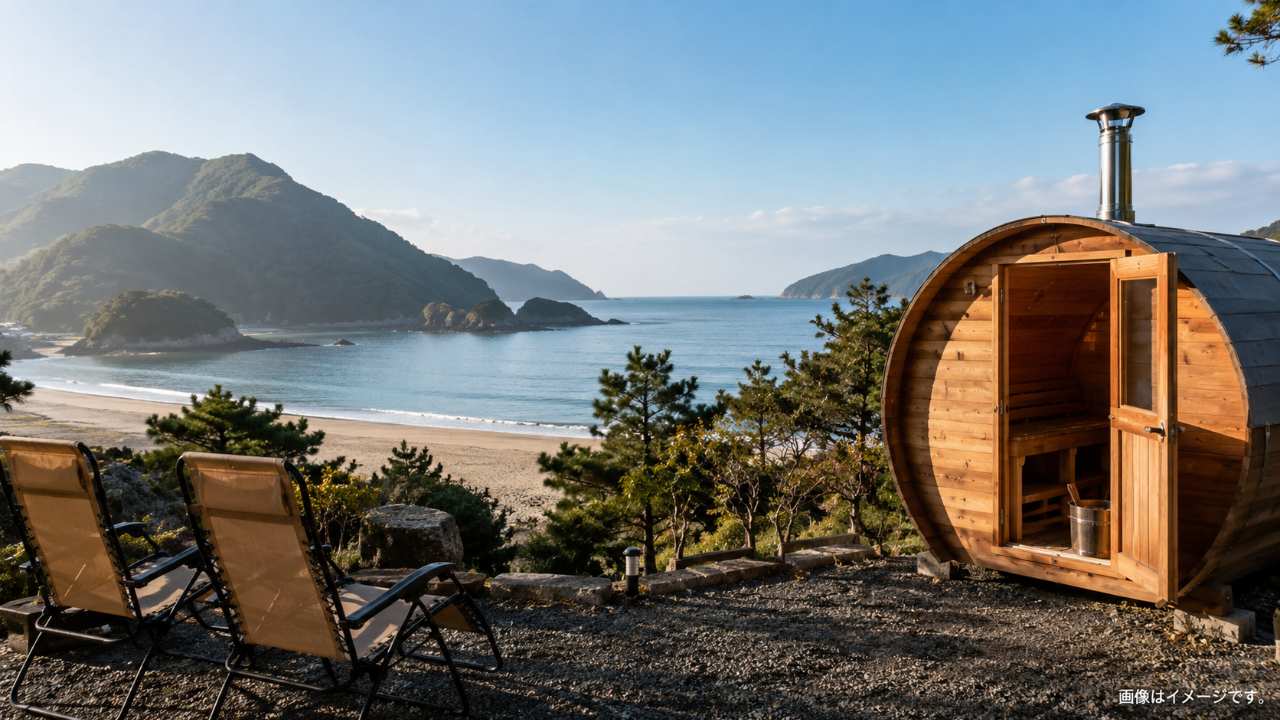 鳥取県の山と海を背景に、木の温もりを感じるサウナ小屋と外気浴チェアがあるブログ用アイキャッチ画像