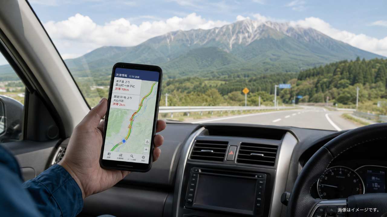 車内でスマートフォンの道路交通情報を確認する旅行者