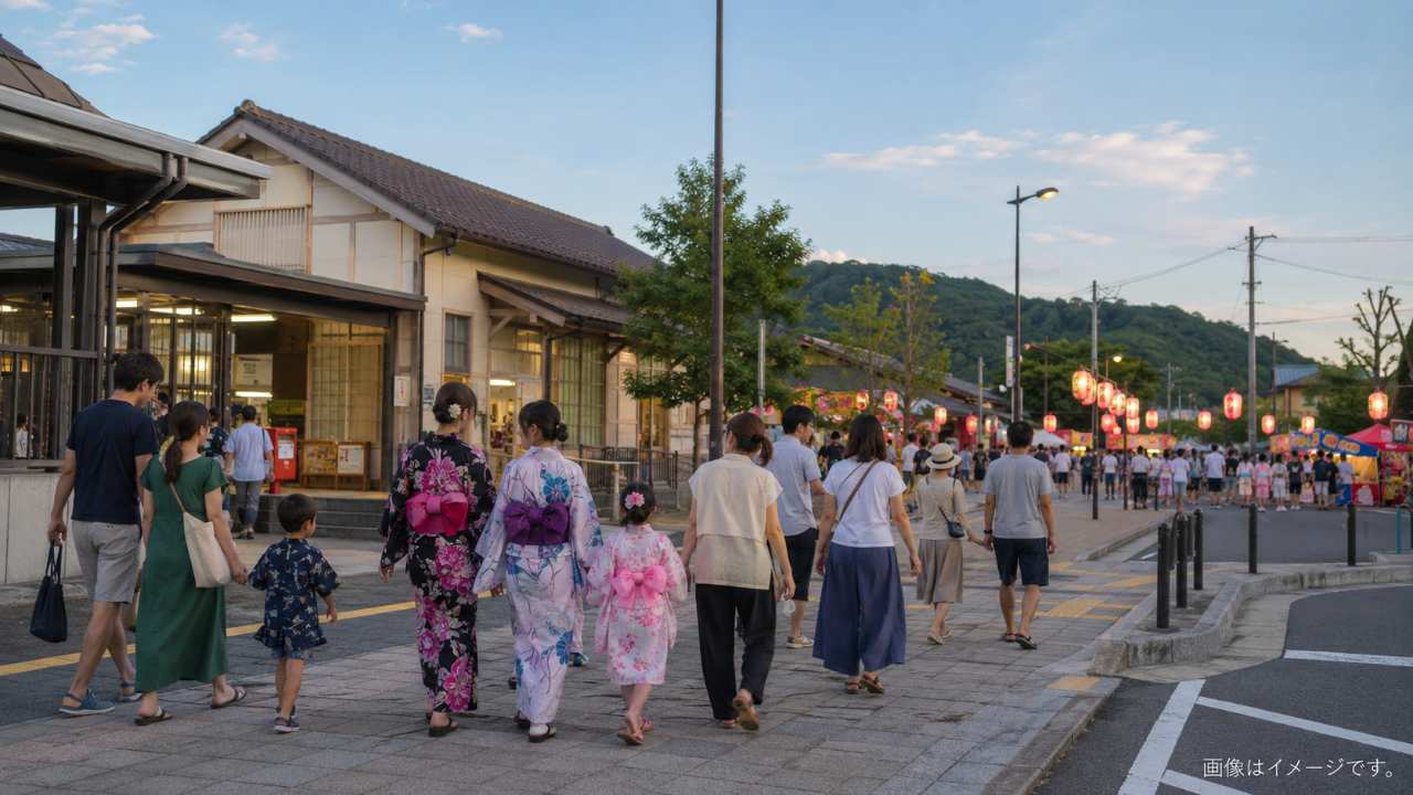 夏祭り当日のJR浜村駅前と、会場へ歩いて向かう浴衣姿の家族や観光客