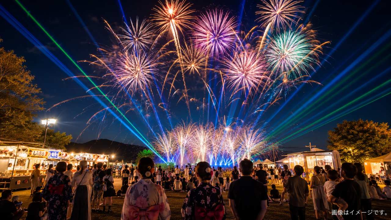鳥取県琴浦町の夏祭りをイメージした実写風の横長写真。広い公園の夜空に色鮮やかな打ち上げ花火が広がり、青や緑のレーザーライトが扇状に伸びている