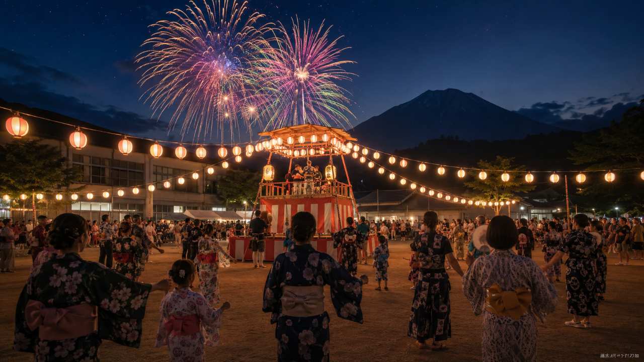 鳥取県伯耆町の夏祭りをイメージした実写風のブログ用アイキャッチ。夜の学校グラウンドに盆踊りのやぐらと温かな提灯が並び、浴衣姿の家族や地域の人々が輪になって踊っている