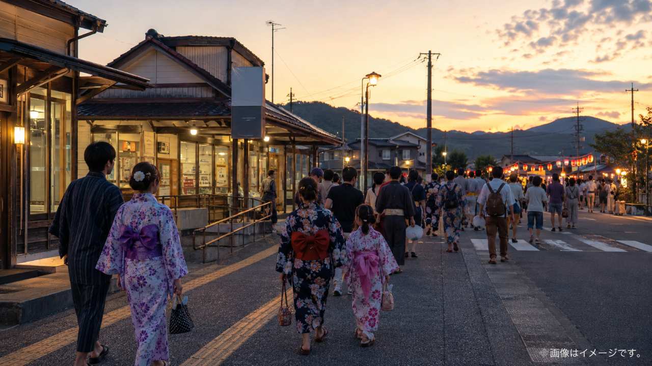鳥取県の静かな駅をイメージした夏の夕方の風景
