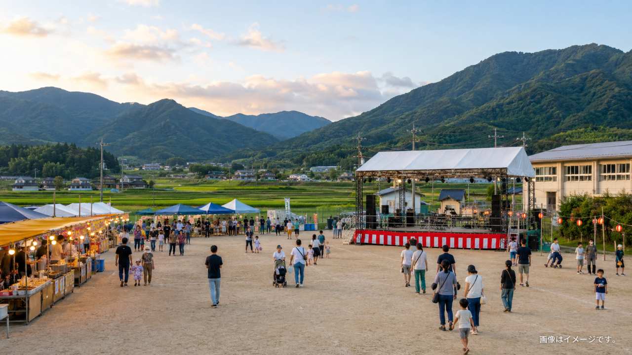 鳥取県八頭町の緑豊かな山並みと田園風景を背景にした夏の地域イベント会場を、明るい夕方の実写写真風で描く。