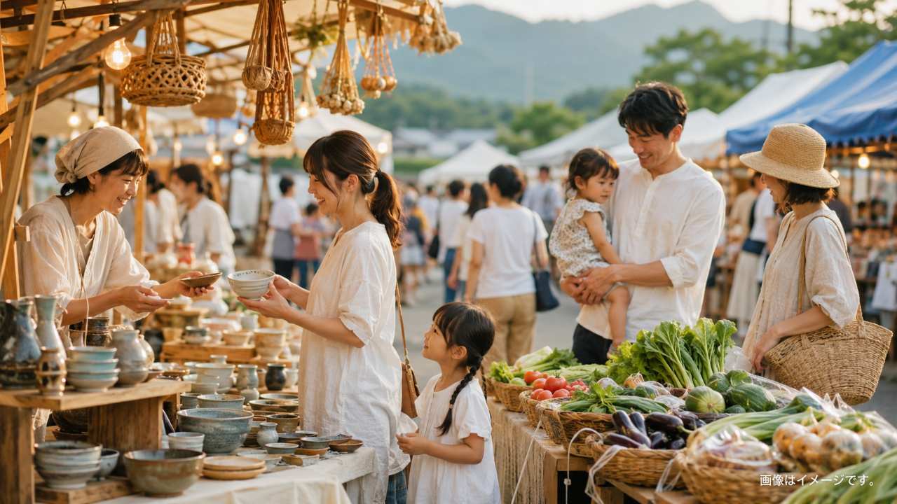 鳥取県の地域夏祭りに並ぶバザーと屋台を、温かみのある実写写真風で表現する