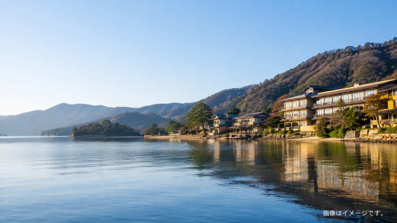 鳥取県湯梨浜町の東郷池をテーマにした実写風の観光写真