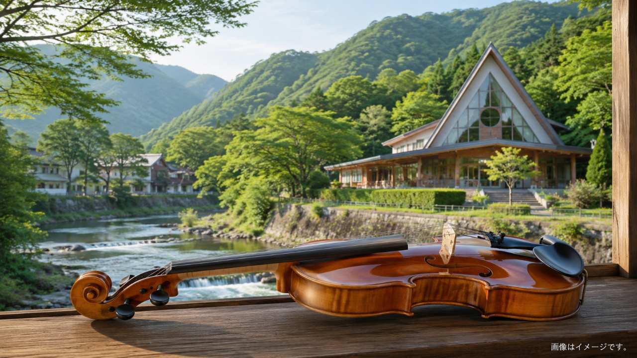 鳥取県三朝町の緑豊かな風景を背景に、三角屋根が印象的な弦楽器専門美術館 手前に艶やかな木製バイオリンを配置