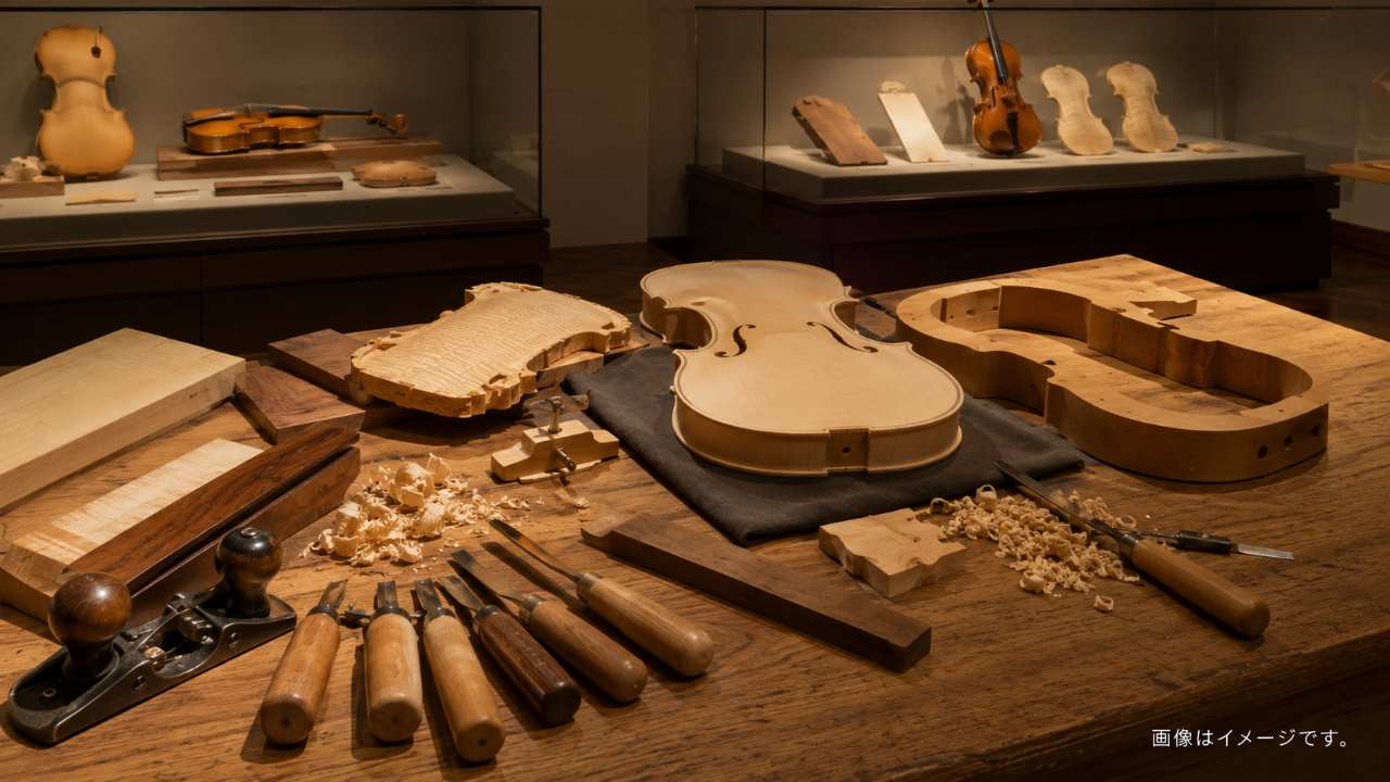 静かな美術館の展示室に、バイオリン製作で使う木材、のみ、かんな、型枠、製作途中の弦楽器が丁寧に並ぶ様子