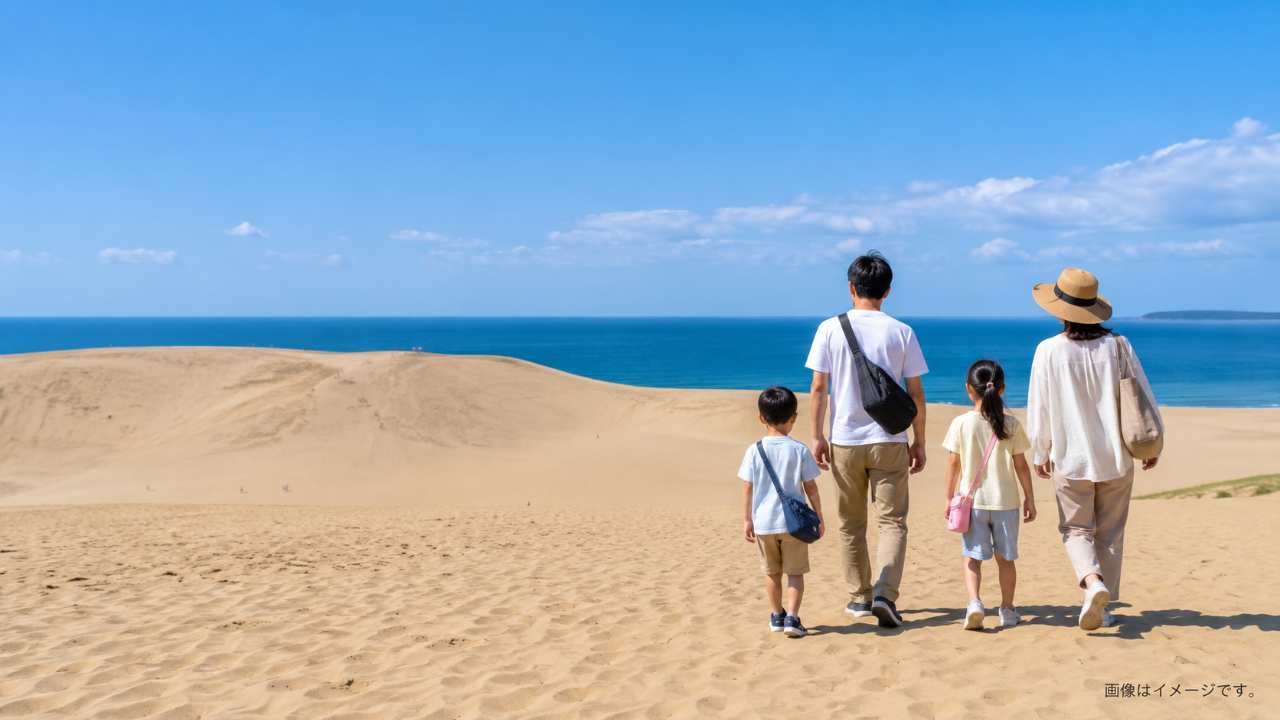晴れた日の鳥取砂丘を背景に、日本人の父親と母親、幼い子ども2人が家族旅行を楽しんでいる自然な後ろ姿