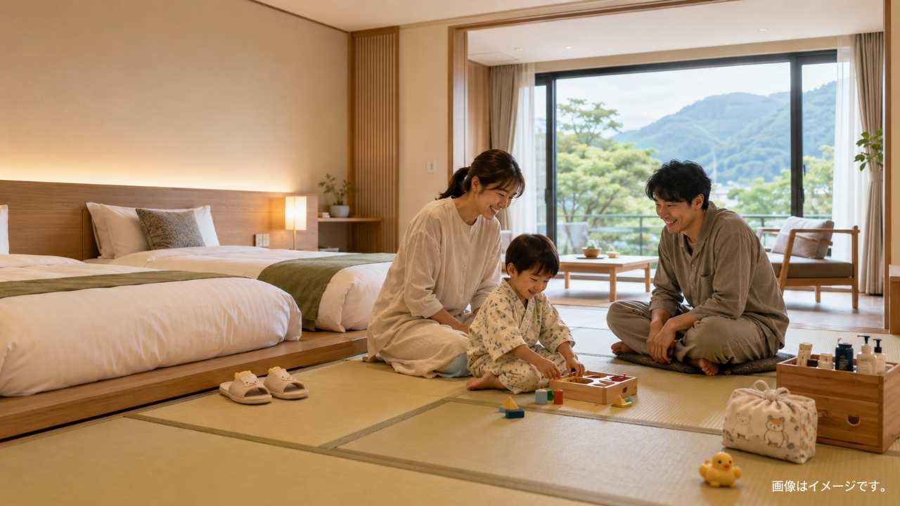 鳥取県の落ち着いたホテルの広い和洋室で、幼い子どもと両親がくつろいでいる様子