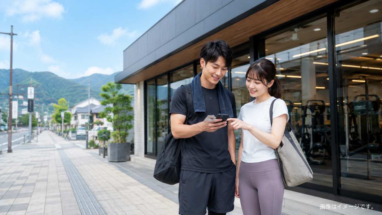 鳥取県の落ち着いた都市風景を背景に、清潔感のある現代的なコンビニジムの外観を配置