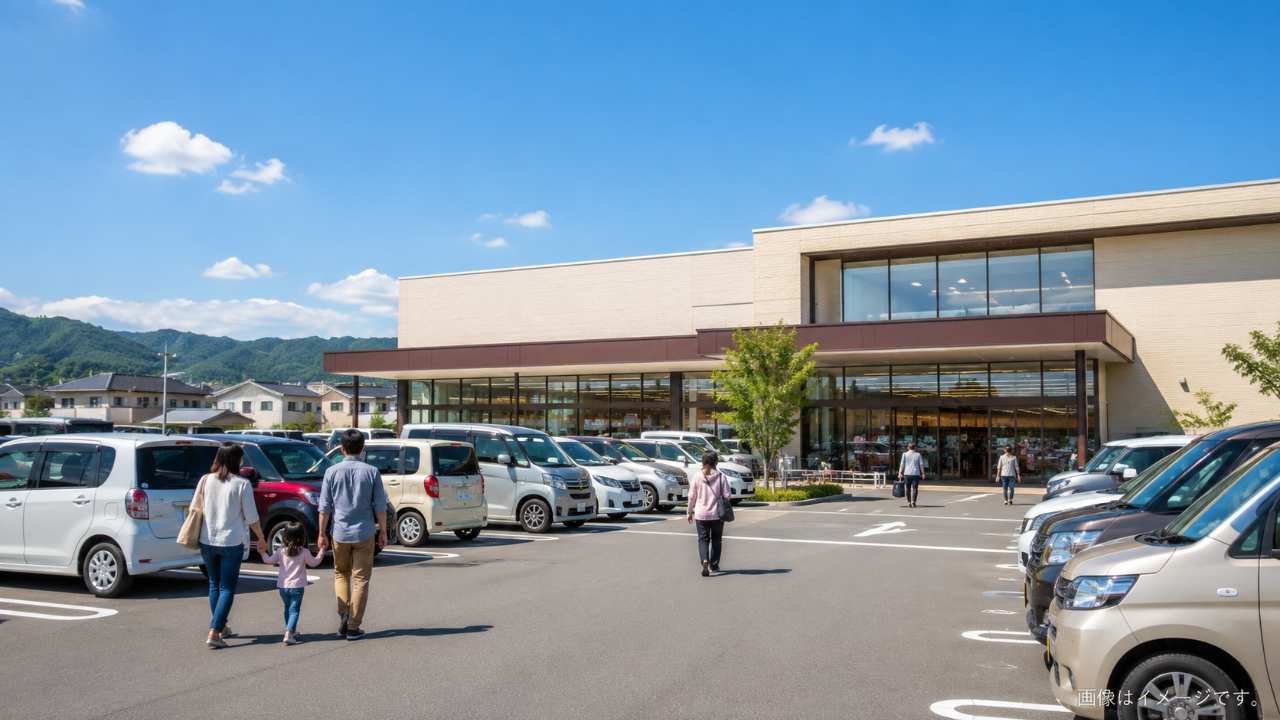 地方都市にある清潔なスーパーマーケットの外観と広い駐車場