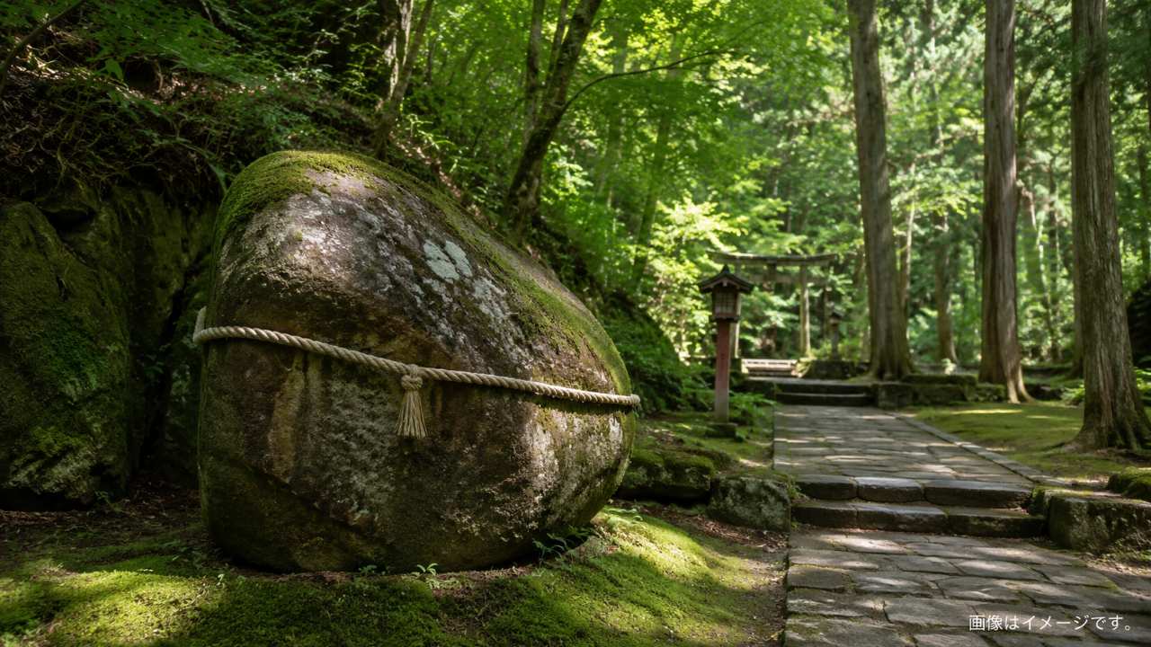 倭文神社の安産信仰を象徴する安産岩と緑豊かな参道を描いた実写写真風画像