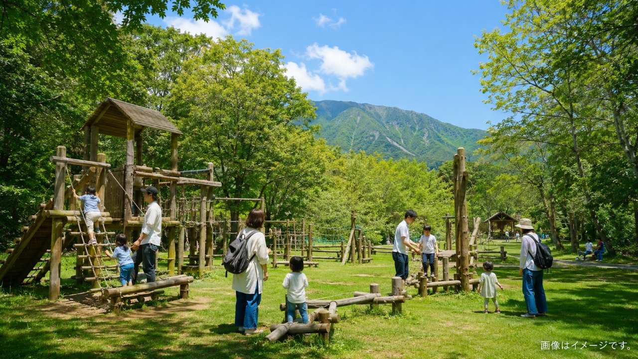 鳥取県の大山山麓をイメージした緑豊かな森林のアウトドアパーク、天然木を使ったフィールドアスレチックで楽しそうに遊ぶ日本人の親子
