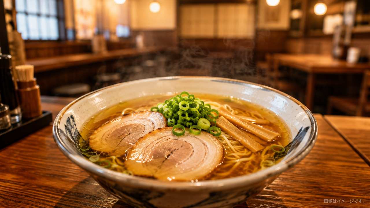 米子の人気ラーメン店を連想させる温かな店内で、琥珀色の牛骨ラーメンを中央に置いた構図