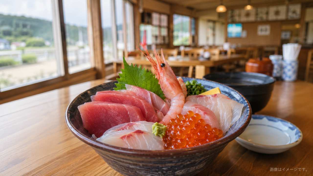 鳥取県米子市の郊外にある素朴な海鮮料理店を背景に、マグロ、白身魚、エビ、イクラなどを彩りよく盛り付けた豪華な海鮮丼を手前に配置