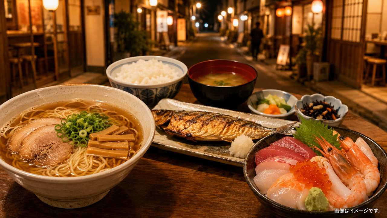 鳥取県米子市の夜をイメージした実写写真風のブログアイキャッチ。温かい照明の庶民的な飲食店街を背景に、牛骨ラーメン、焼き魚定食、海鮮丼