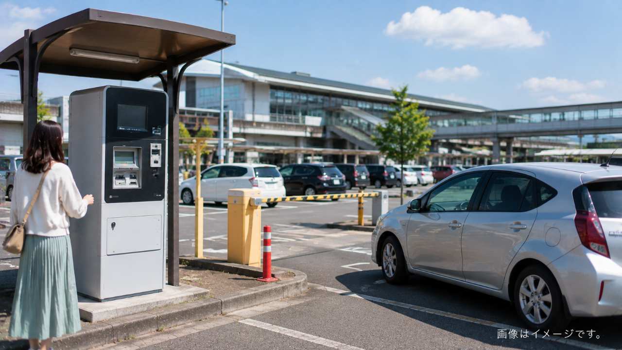 鳥取駅前の駐車場と駅舎を見渡せる構図で、駅周辺の駐車場所選びを表した風景