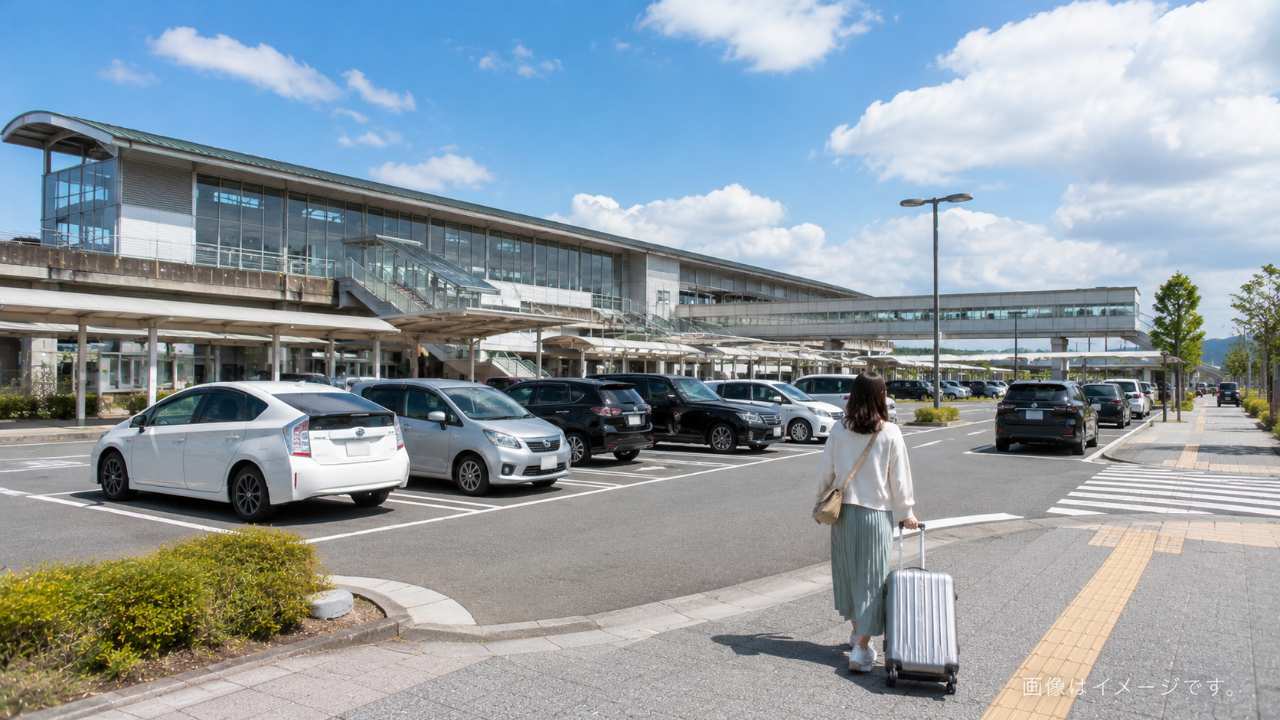 鳥取駅南口の駐車場入口と駅舎が見える風景
