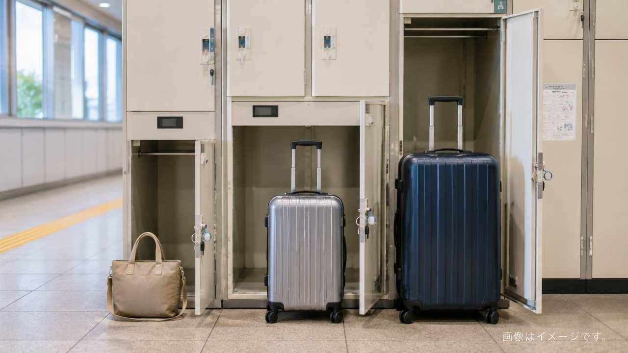 鳥取駅構内の券売機横通路に並ぶ大小のコインロッカー