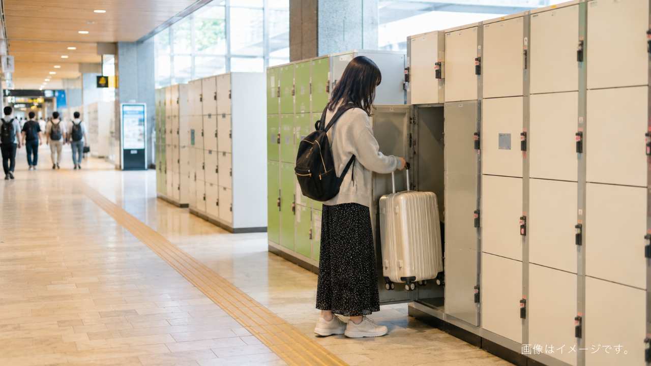 鳥取駅構内で旅行者がキャリーケースをコインロッカーへ預けようとしている様子