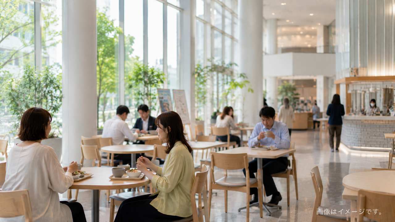 鳥取市役所本庁舎の市民交流センターでランチや休憩を楽しむ来庁者の様子