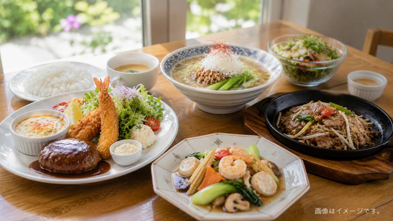 鳥取市の平日限定ランチをイメージした洋食・中華・鉄板料理が並ぶ明るいテーブル