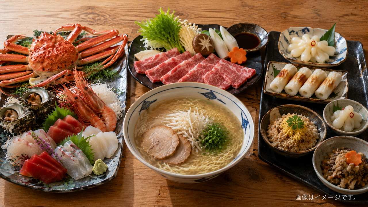 松葉がに、二十世紀梨、砂丘らっきょうなど鳥取県の定番名物を並べた食卓